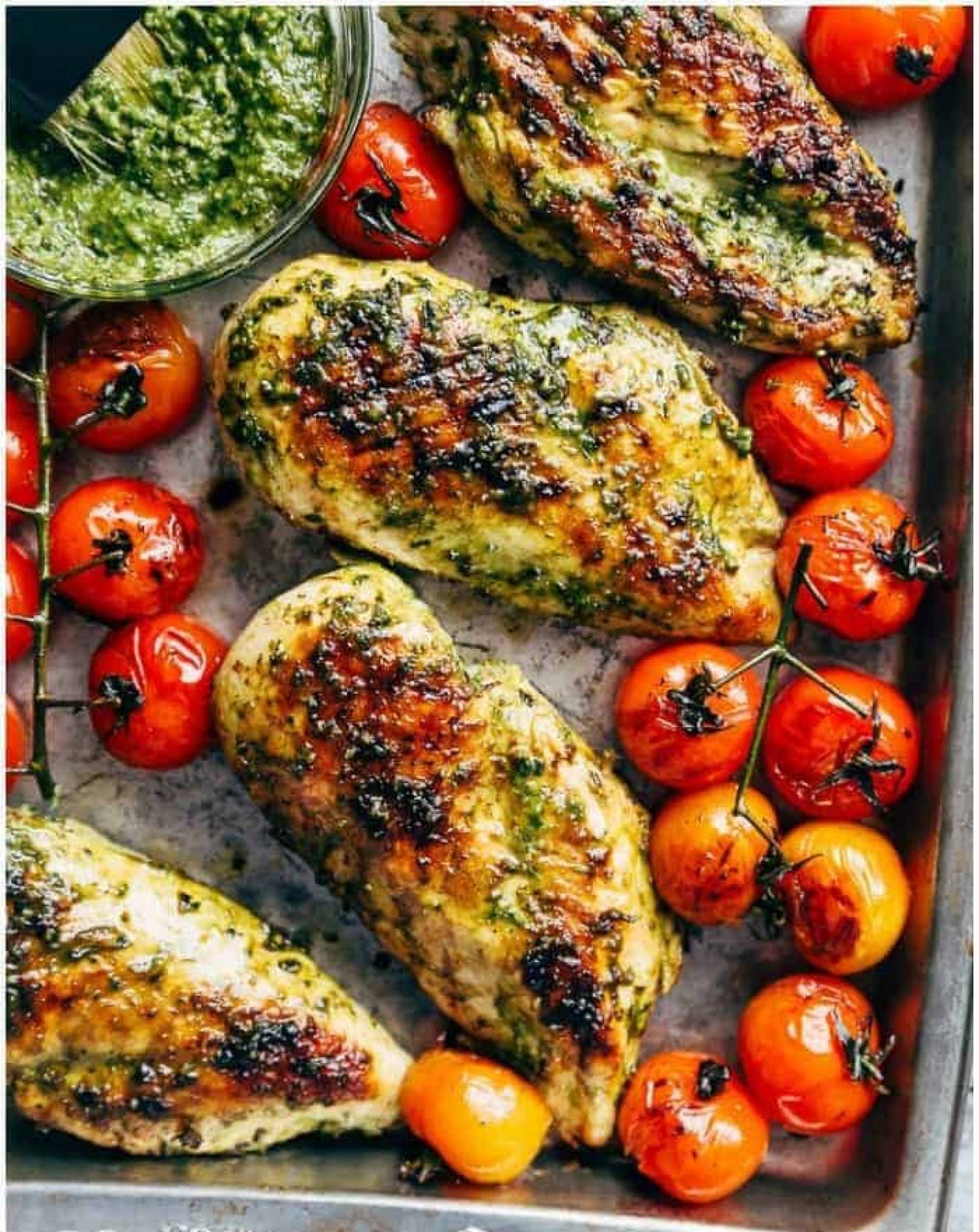 Pesto Grilled Chicken With Roasted Tomatoes, Red Potatoes and Carrots.