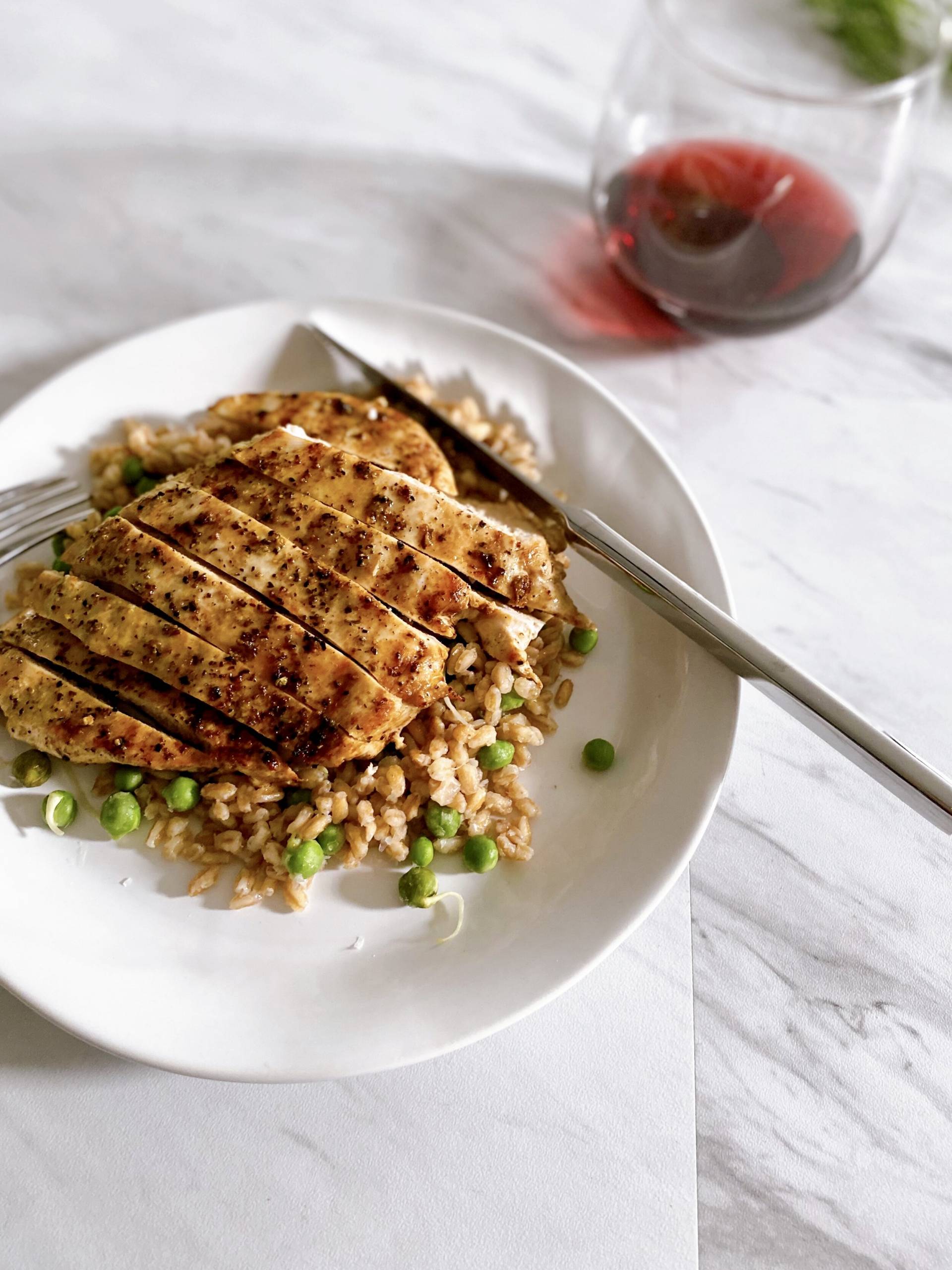 Grilled Chicken Over Farro Pilaf With Steamed Broccoli