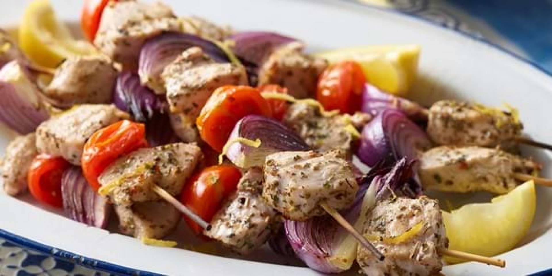 Greek Pork Kabobs Over Garlic Herb Tabouli Salad