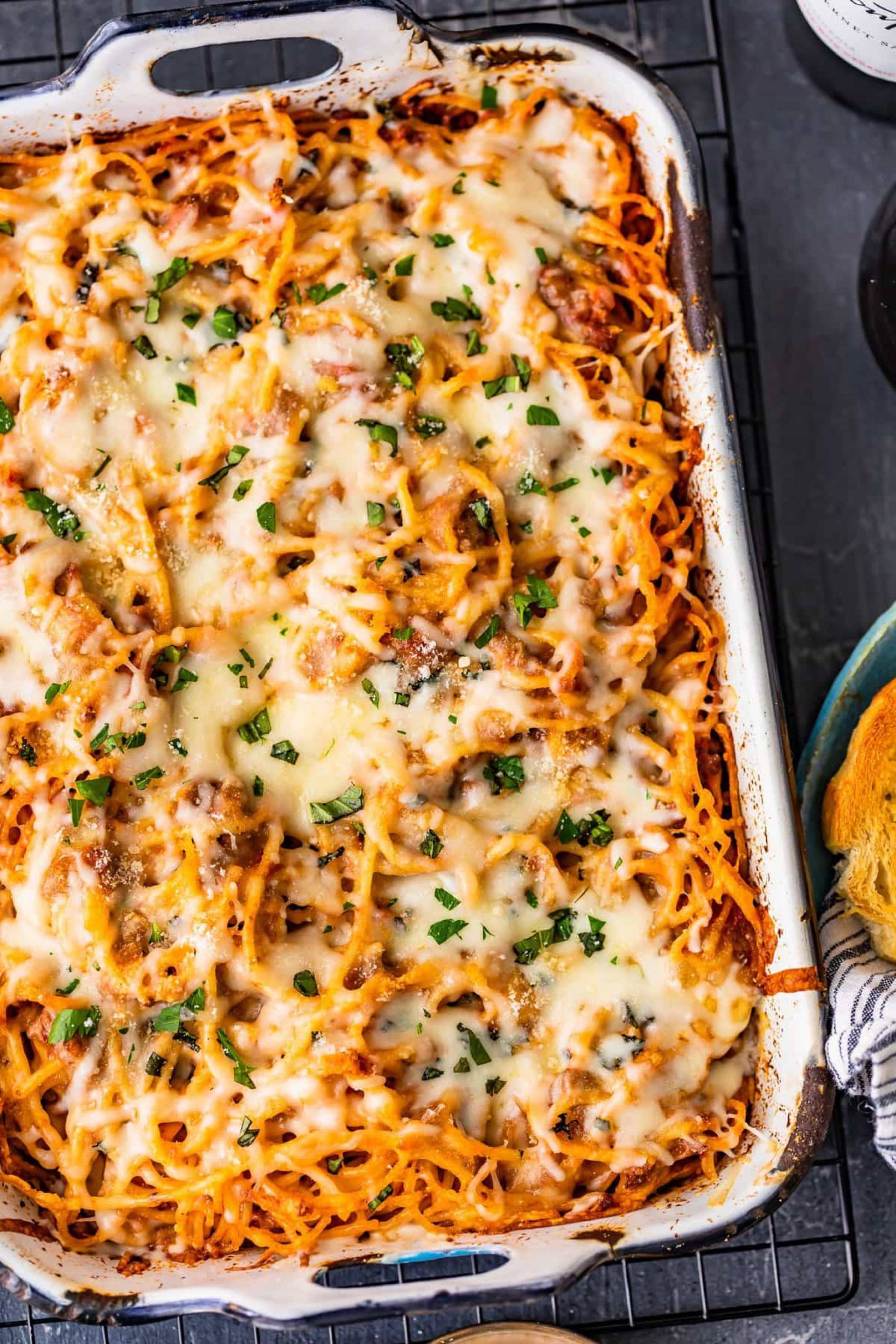 Four Cheese Baked Spaghetti Casserole and Meatballs.