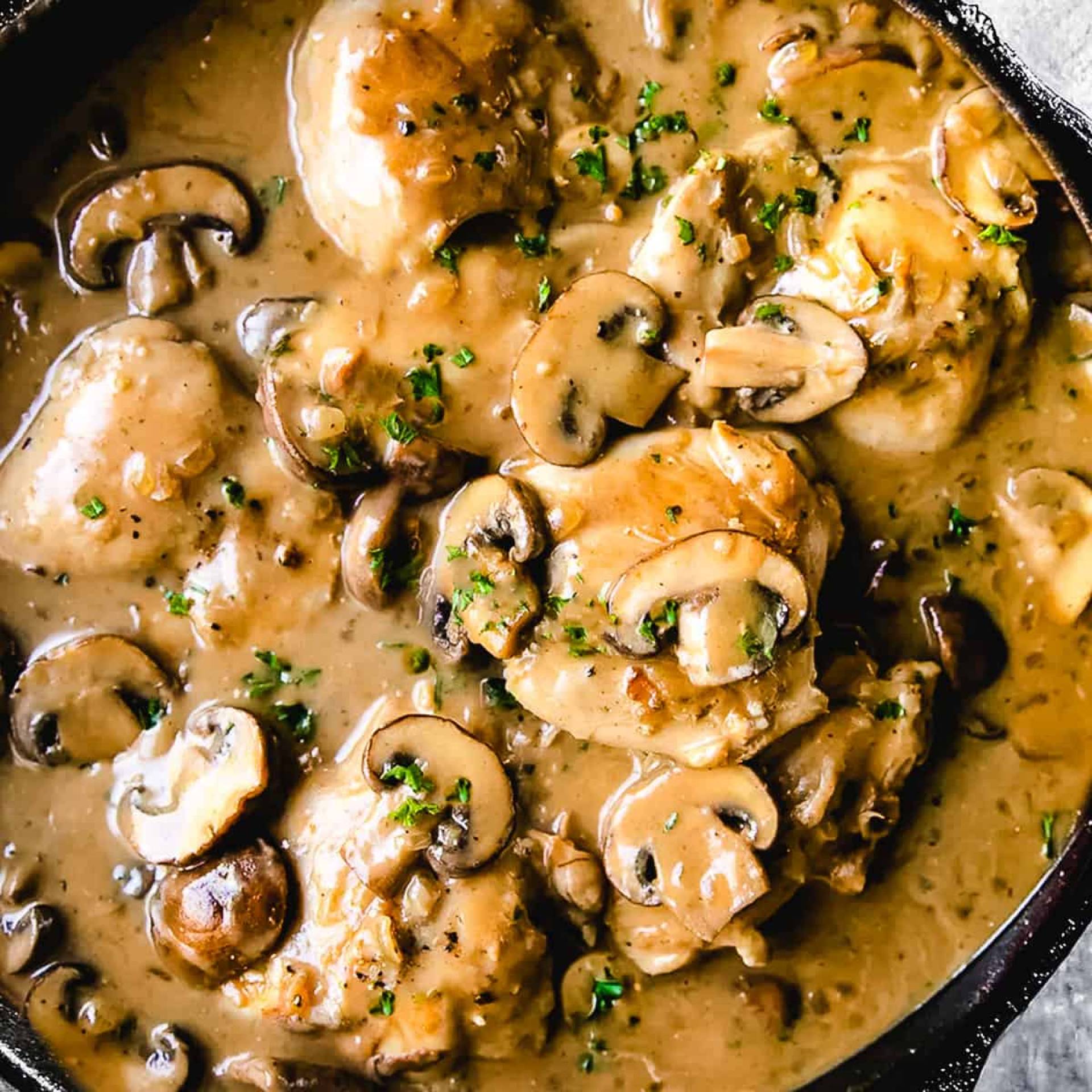 Chicken and Mushroom Stroganoff over Mashed Potatoes with Grilled Asparagus.