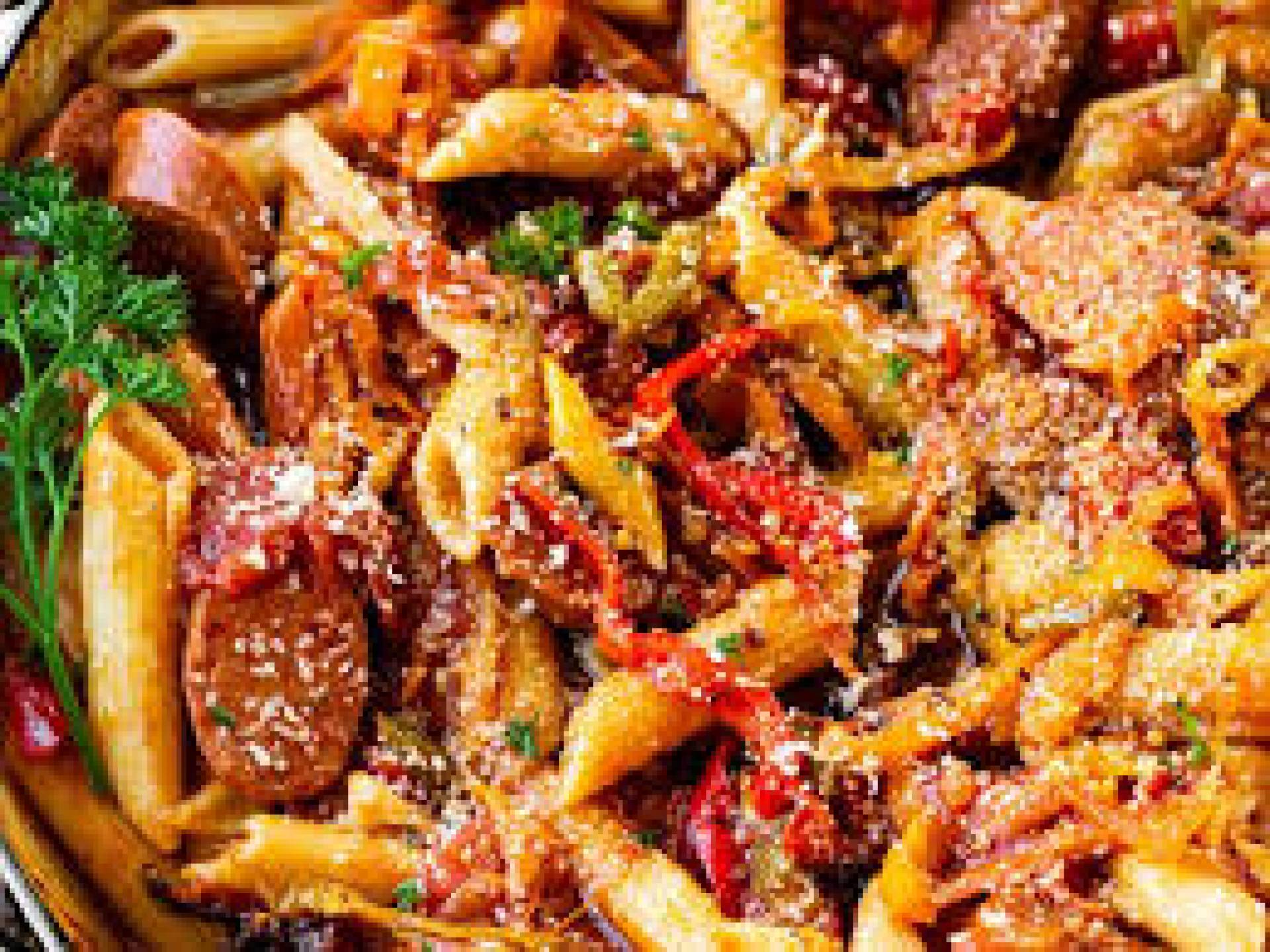 Cheesy Baked Ziti with Sweet Italian Sausage & Roasted Peppers.