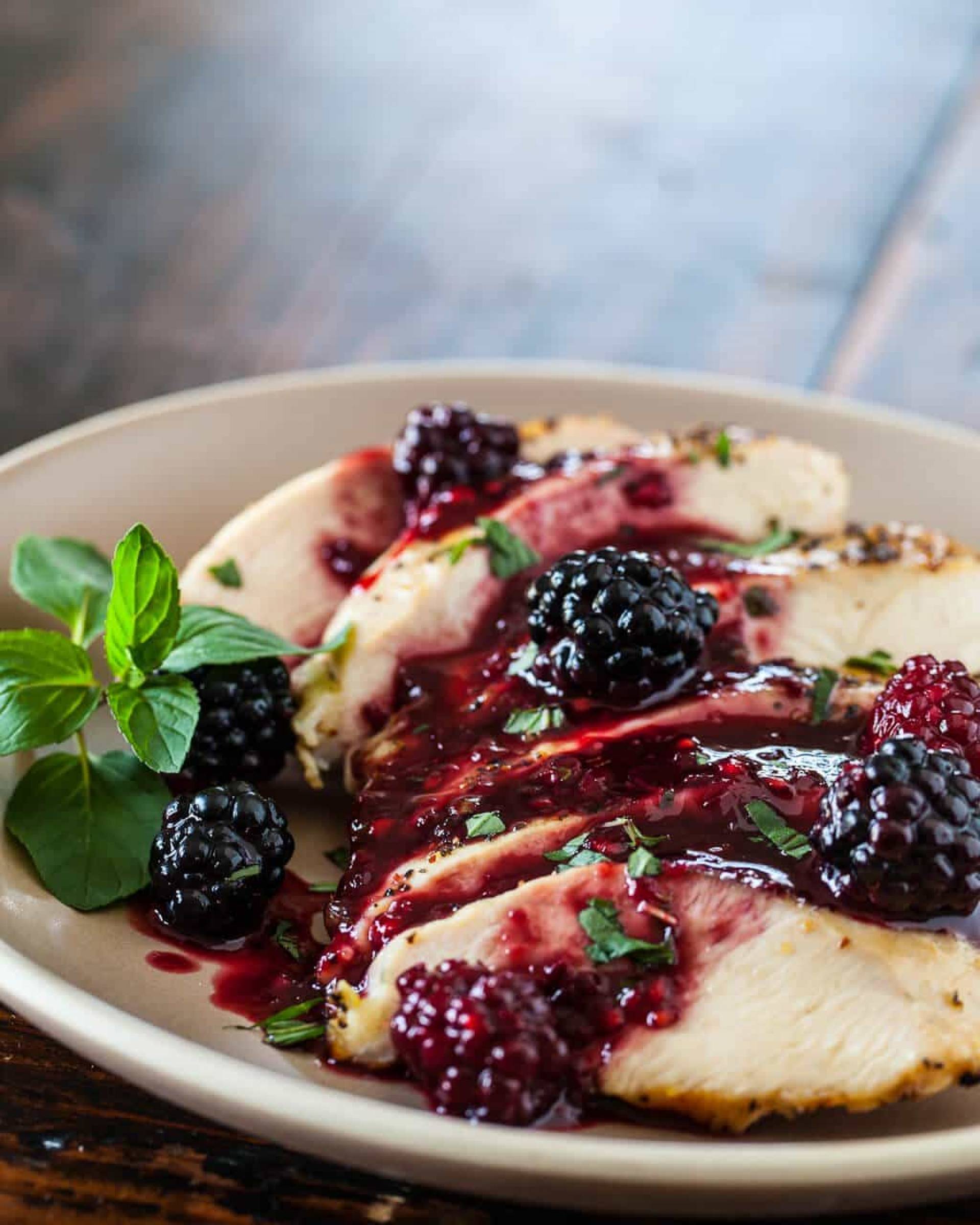 Blackberry Glazed Grilled Chicken Over Turnip Greens and Farro Pilaf